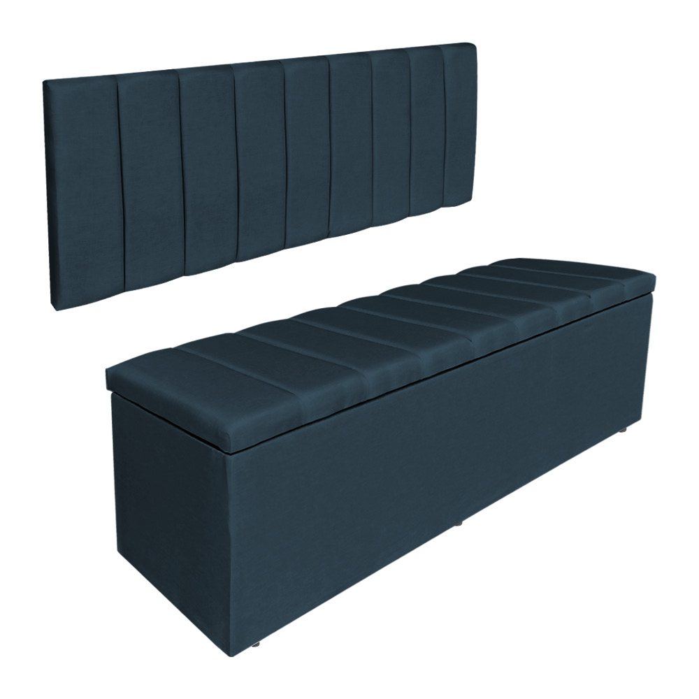 Kit Cabeceira Painel e Calçadeira Baú Solteiro 0,90m Londres Suede Azul Marinho Dal Poz Estofados