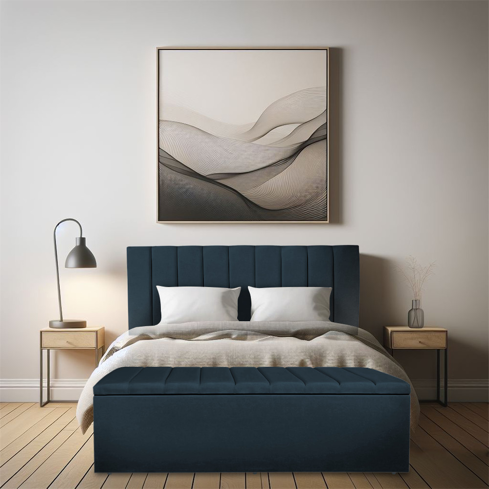 Kit Cabeceira Painel e Calçadeira Baú Solteiro 0,90m Londres Suede Azul Marinho Dal Poz Estofados
