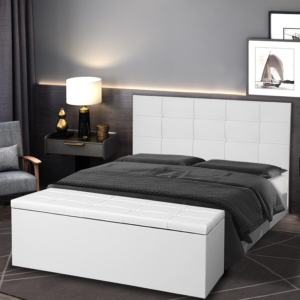 Kit Cabeceira e Calçadeira Baú Casal 1,40m Roma Material Sintético Branco Dal Poz Estofados