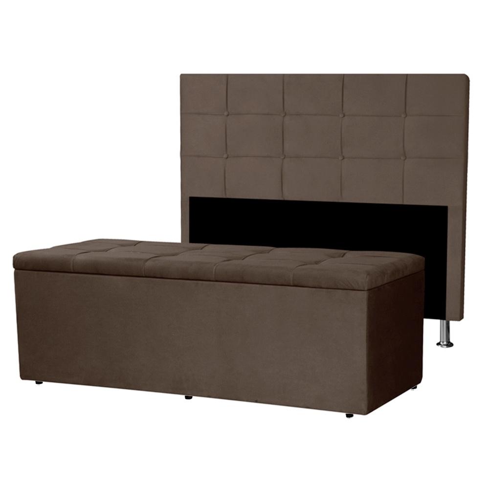 Kit Cabeceira e Calçadeira Baú Casal 1,40m Roma Suede Marrom Dal Poz Estofados