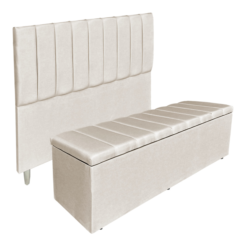 Kit Cabeceira e Calçadeira Baú Casal King 1,95m Londres Suede Bege Dal Poz Estofados