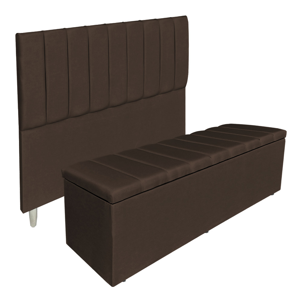 Kit Cabeceira e Calçadeira Baú Casal King 1,95m Londres Suede Marrom Dal Poz Estofados