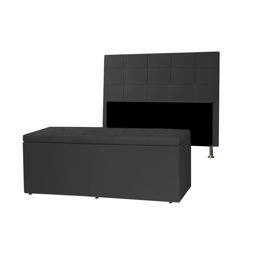 Kit Cabeceira e Calçadeira Baú Casal King 1,95m Roma Material Sintético Preto Dal Poz Estofados