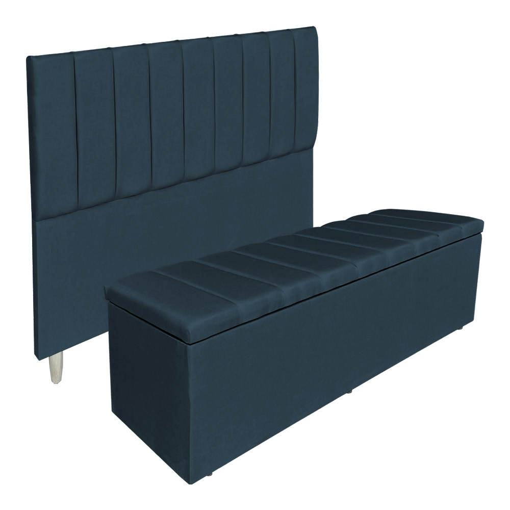 Kit Cabeceira e Calçadeira Baú Casal Queen 1,60m Londres Veludo Azul Marinho Dal Poz Estofados