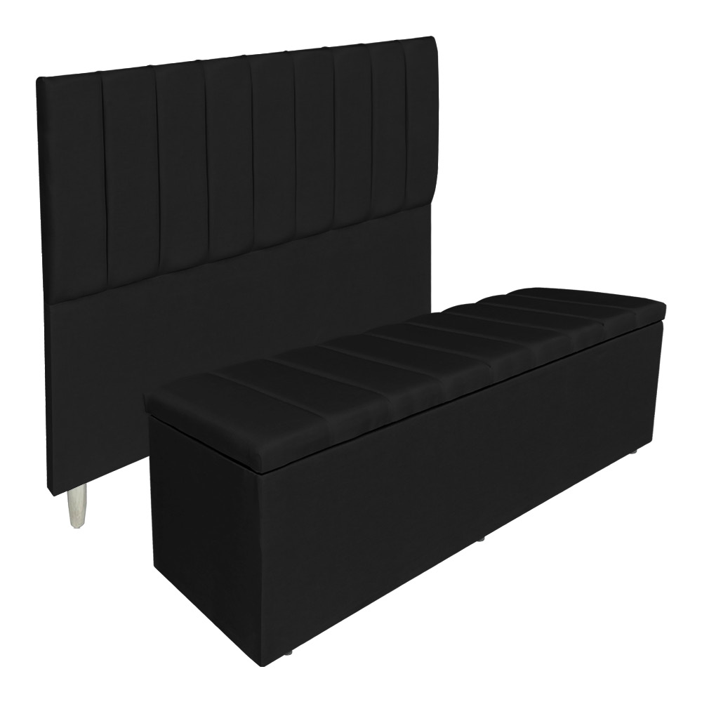 Kit Cabeceira e Calçadeira Baú Casal Queen 1,60m Londres Veludo Preto Dal Poz Estofados