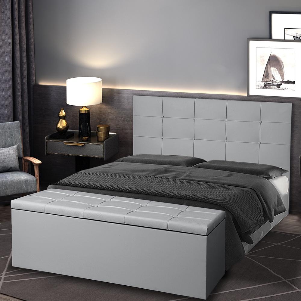 Kit Cabeceira e Calçadeira Baú Casal Queen 1,60m Roma Material Sintético Cinza Dal Poz Estofados