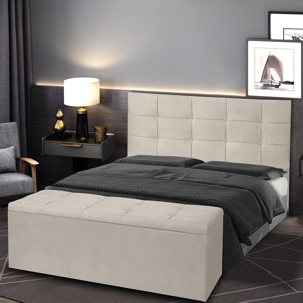 Kit Cabeceira e Calçadeira Baú Casal Queen 1,60m Roma Suede Bege Dal Poz Estofados