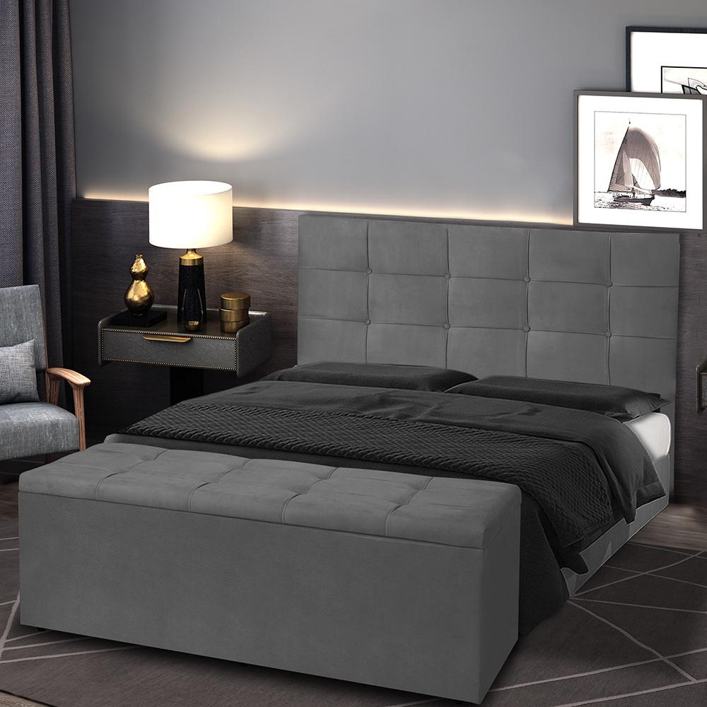 Kit Cabeceira e Calçadeira Baú Casal Queen 1,60m Roma Suede Cinza Dal Poz Estofados