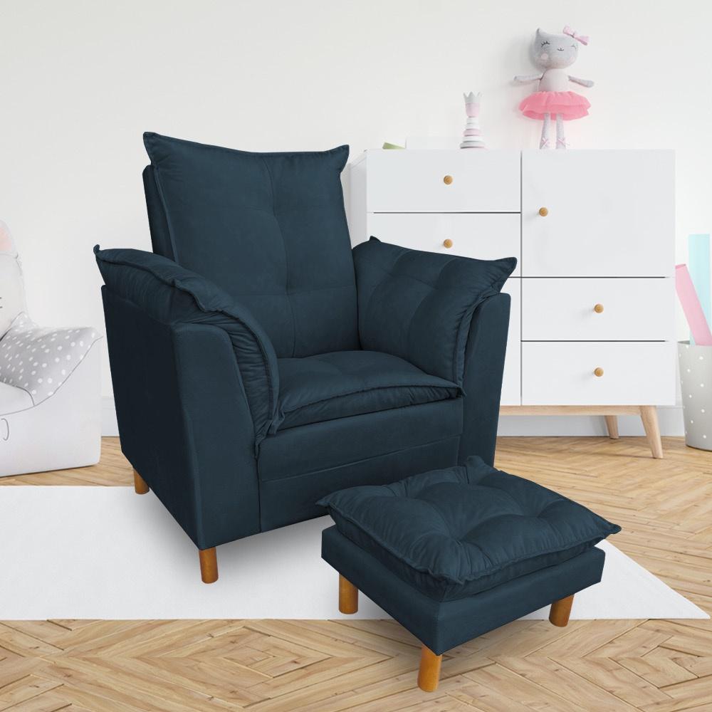 Kit Poltrona Amamentação Sara + Puff Suede Azul Marinho Dal Poz Estofados