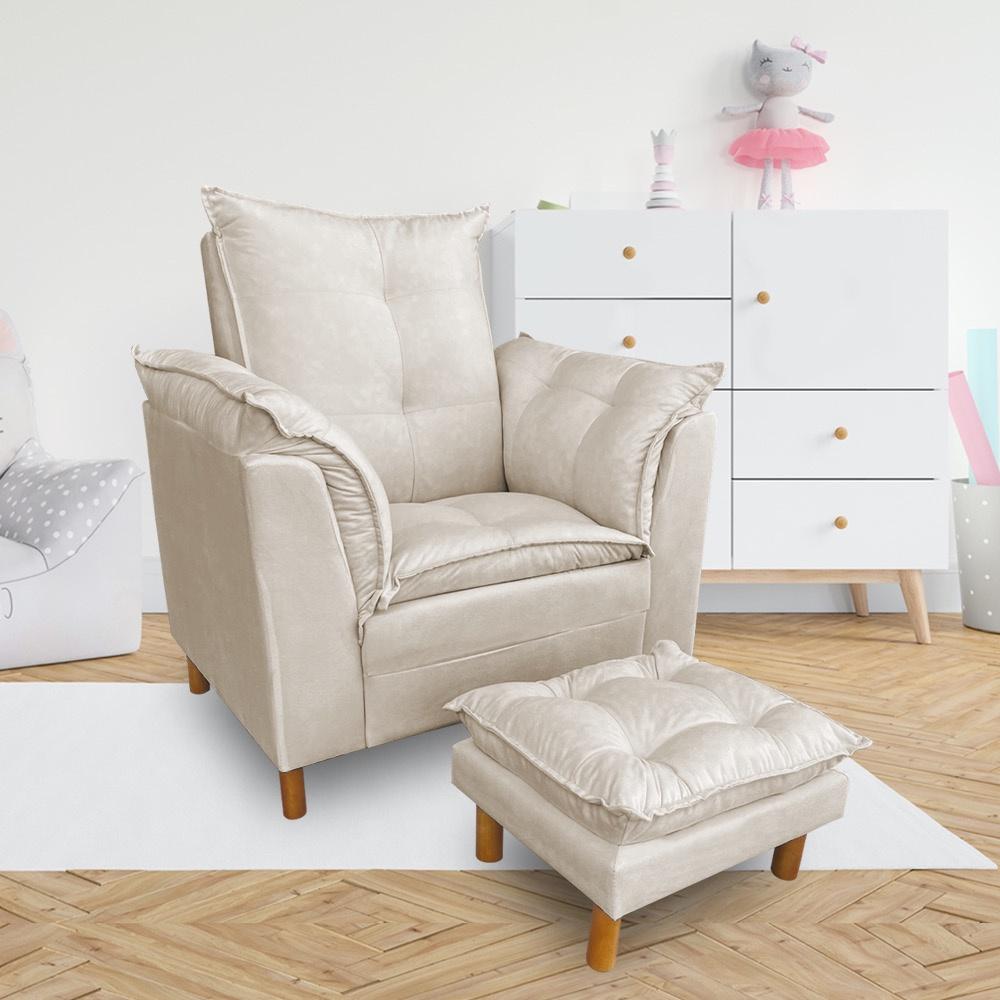 Kit Poltrona Amamentação Sara + Puff Suede Bege Dal Poz Estofados