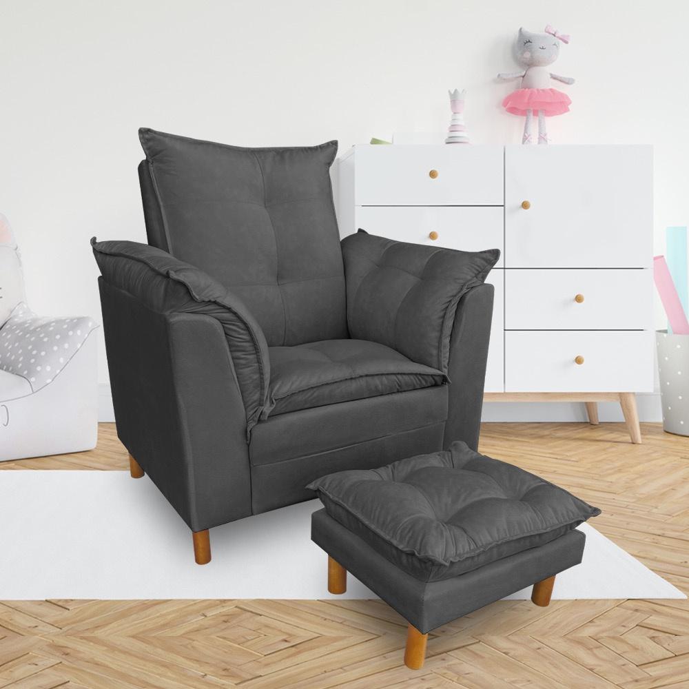 Kit Poltrona Amamentação Sara + Puff Suede Cinza Dal Poz Estofados