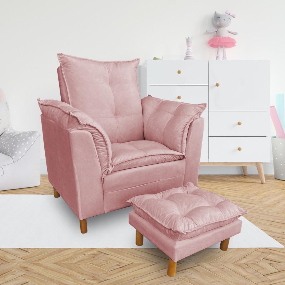 Kit Poltrona Amamentação Sara + Puff Veludo Rose Dal Poz Estofados