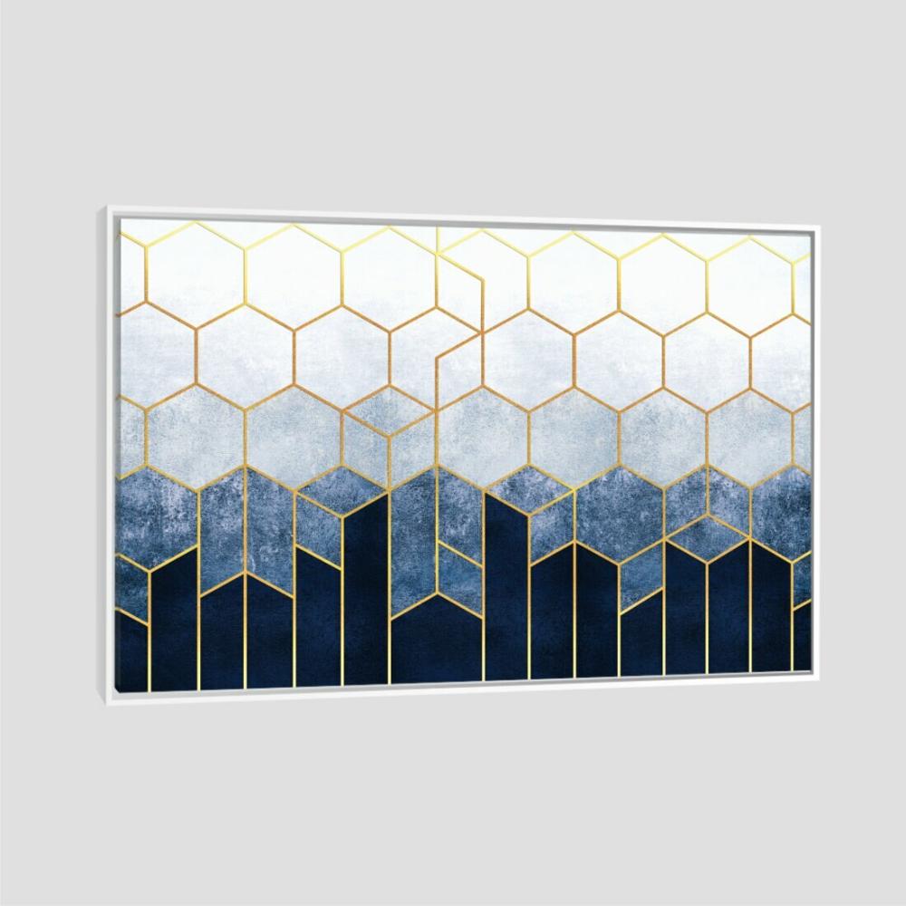 Quadro Abs Azul Dourado Tela Moldura Branca 95X63Cm
