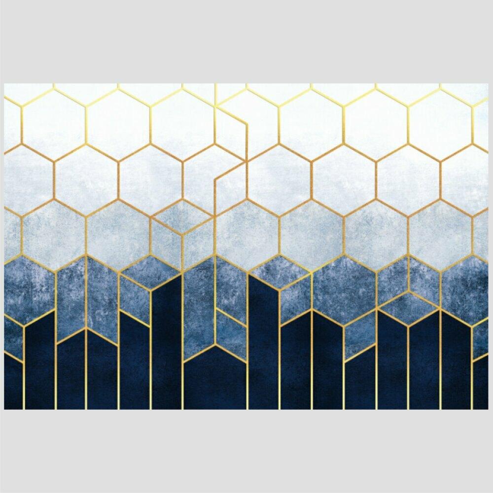 Quadro Abs Azul Dourado Tela Moldura Branca 95X63Cm