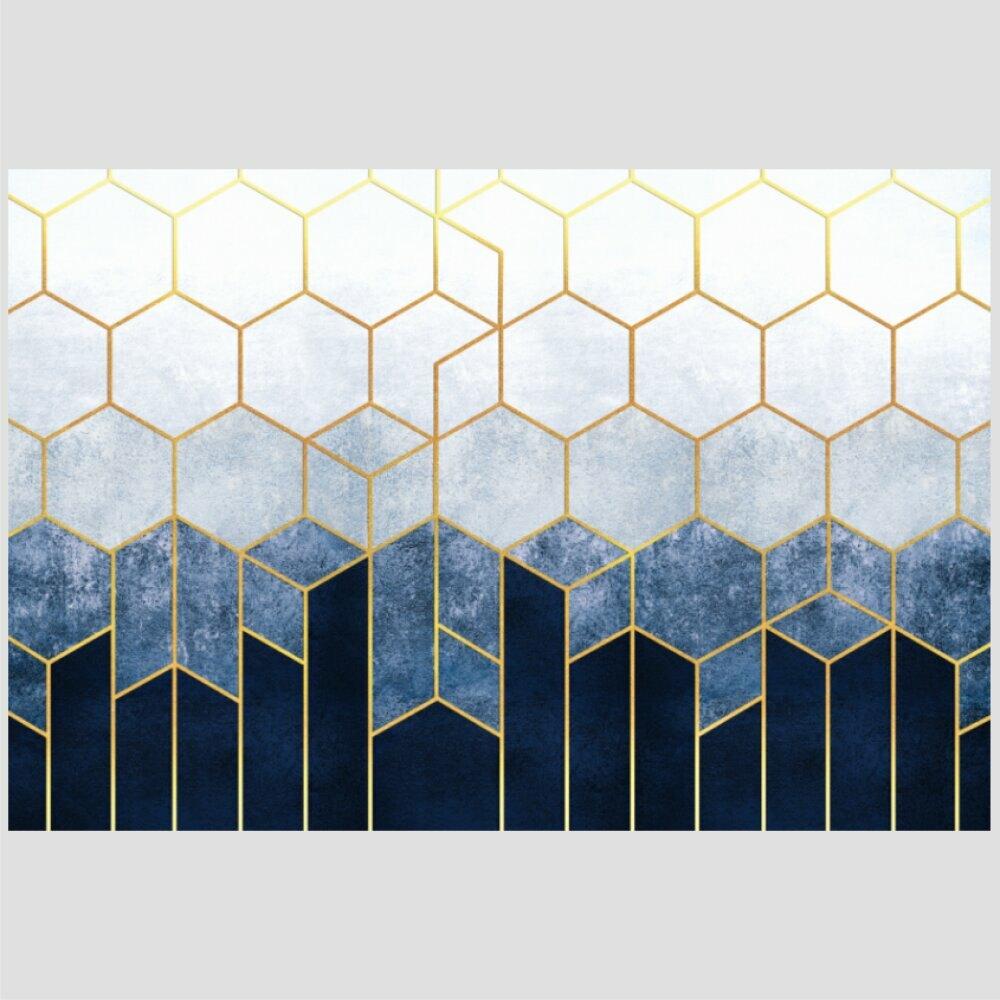 Quadro Abs Azul Dourado Tela Moldura Branca 95X63Cm
