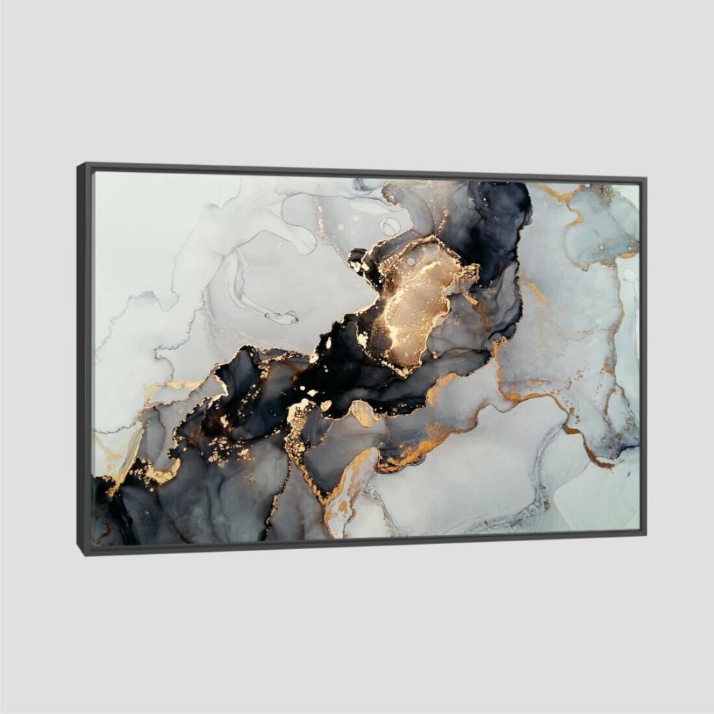 Quadro Abs Único Cinza E Dourado Tela Moldura Preta 63X42Cm