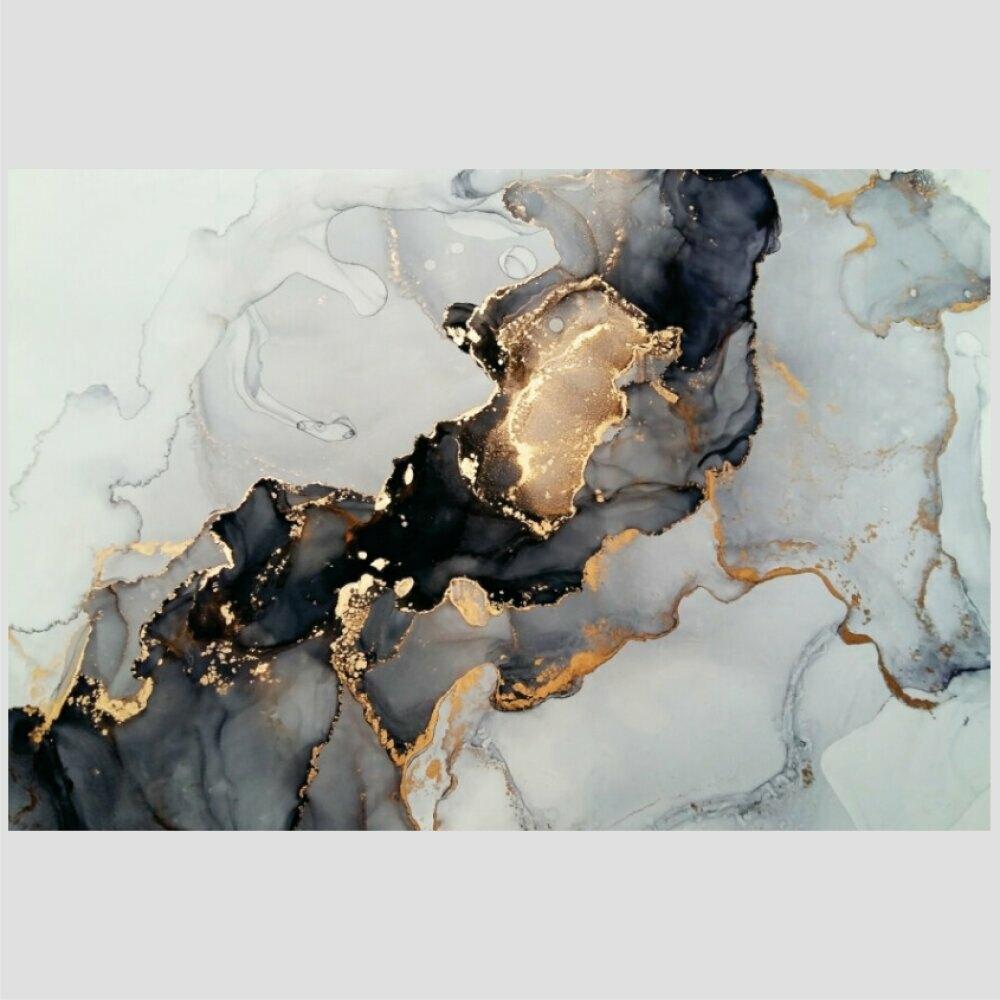 Quadro Abs Único Cinza E Dourado Tela Moldura Preta 63X42Cm