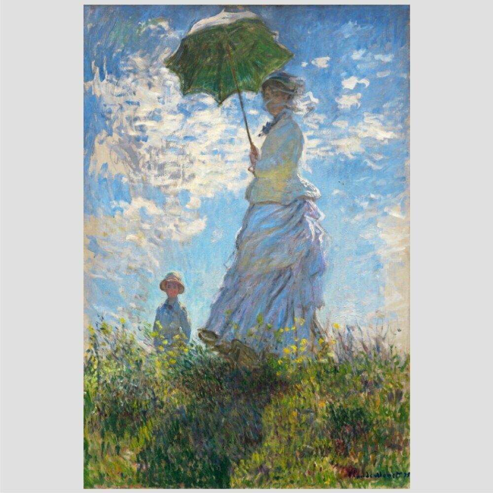 Quadro Claude Monet Mulher Com Sombrinha Tela Moldura Bege 63X42Cm