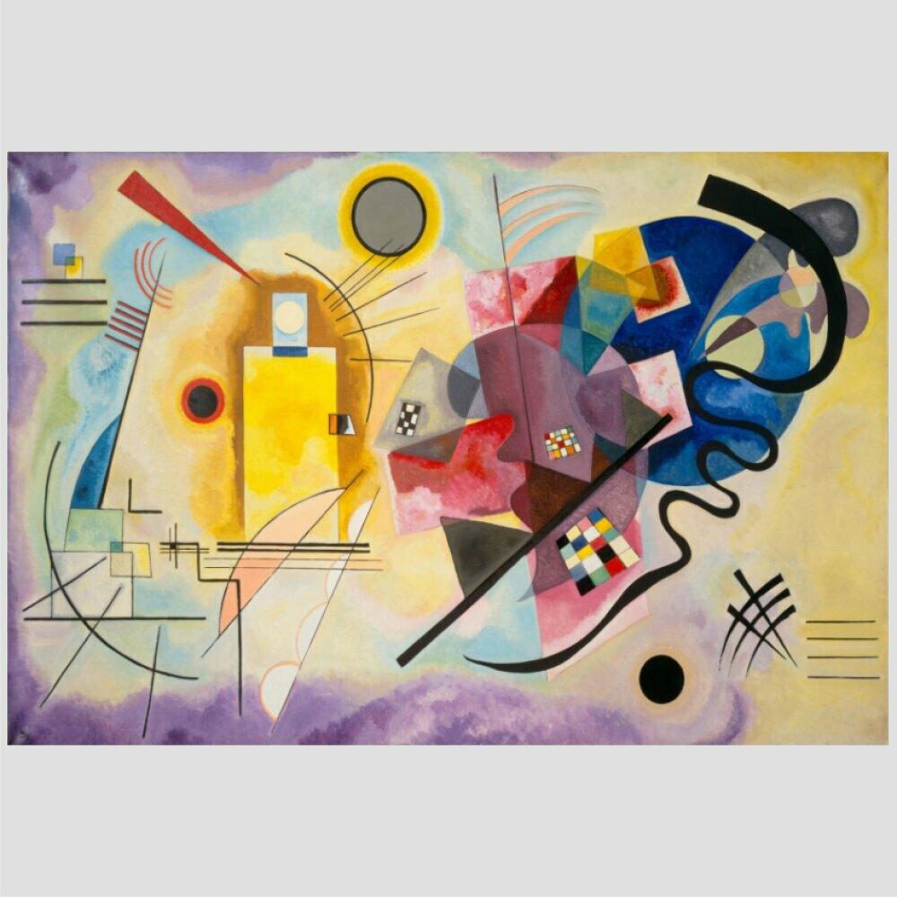 Quadro Kandinsky Amarelo Vermelho E Azul Tela Moldura Preta 95X63Cm