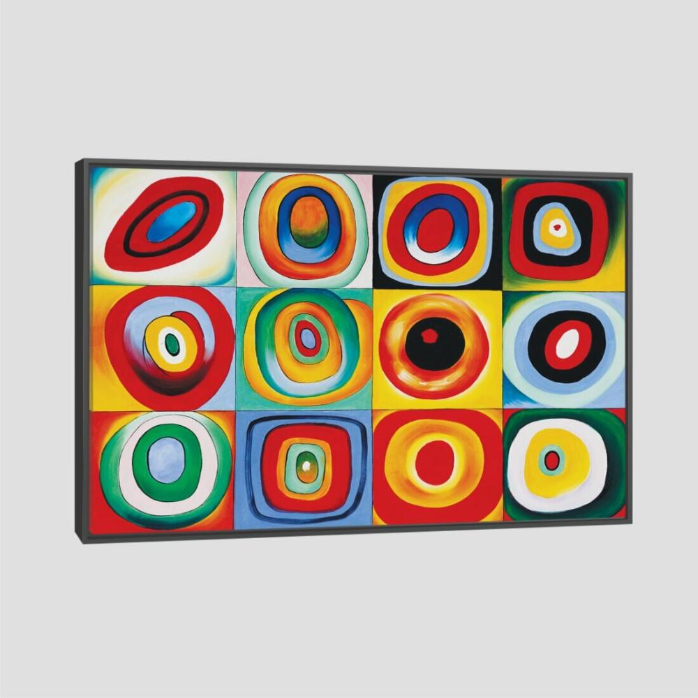 Quadro Kandinsky Quadrados Com Círculos Concêntricos Tela Moldura Preta 95X63Cm