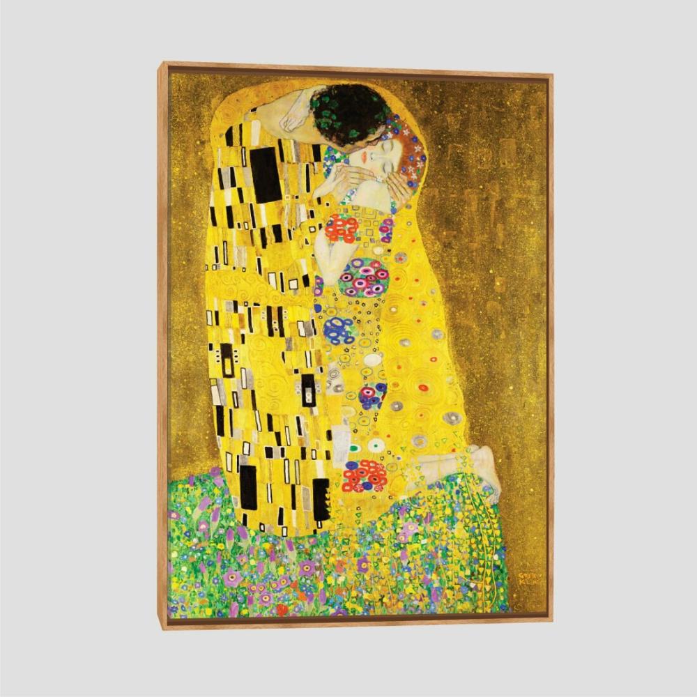 Quadro Klimt O Beijo Tela Moldura Bege 45X30Cm
