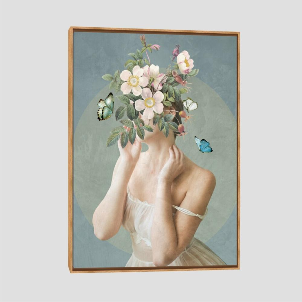 Quadro Moça E Flores Tela Moldura Bege 45X30Cm