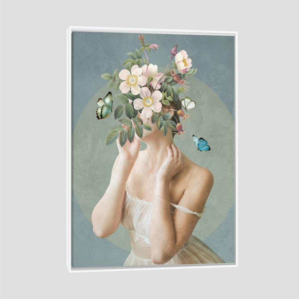 Quadro Moça E Flores Tela Moldura Branca 95X63Cm