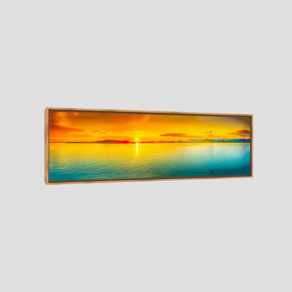 Quadro Paisagem Por Do Sol Panorâmico 120X35Cm Moldura Bege