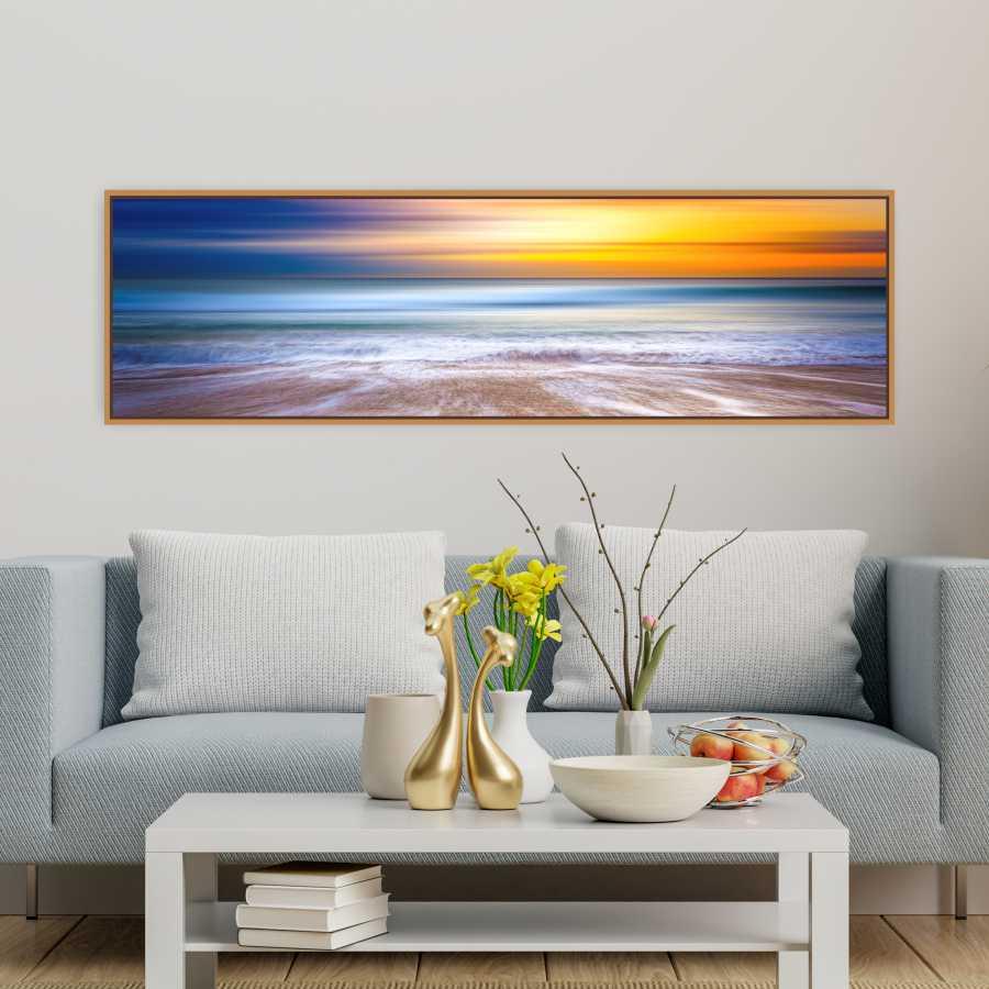 Quadro Panorâmico Mar E Sol Moldura Bege 120X35Cm
