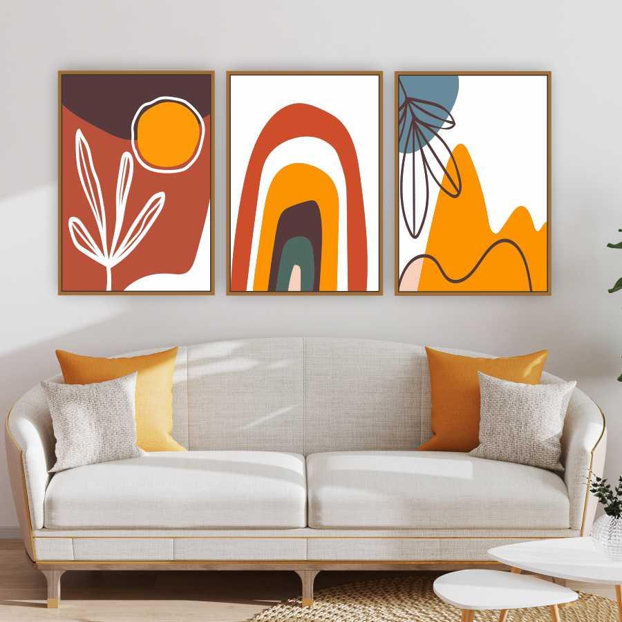 Quadro Tela Composição Argila Tela Moldura Bege 3X 63X42Cm