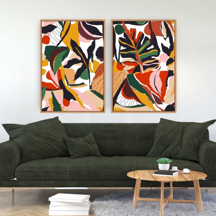 Quadro Tela Composição Arte E Folhas Moldura Bege 2X 63X42Cm