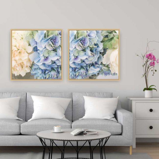 Quadro Tela Composição Hortência Moldura Bege 2X 60X60Cm