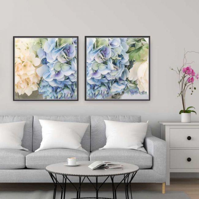 Quadro Tela Composição Hortência Moldura Preta 2X 40X40Cm