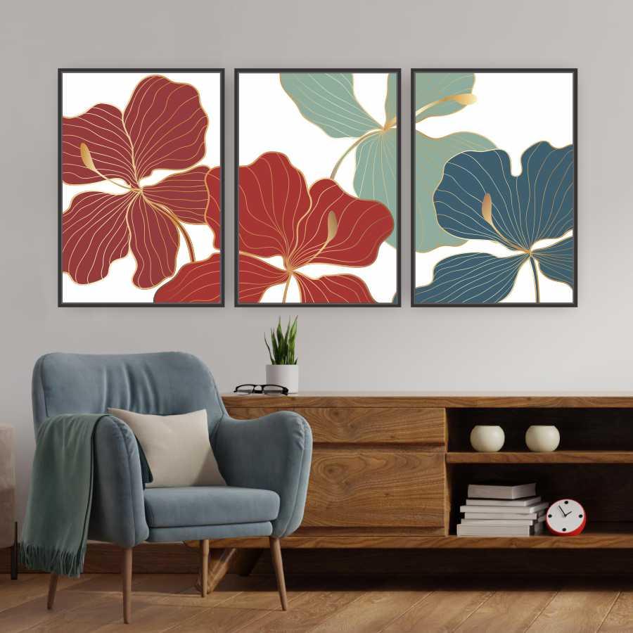 Quadro Tela Composição Iris Moldura Preta 3X 63X42Cm