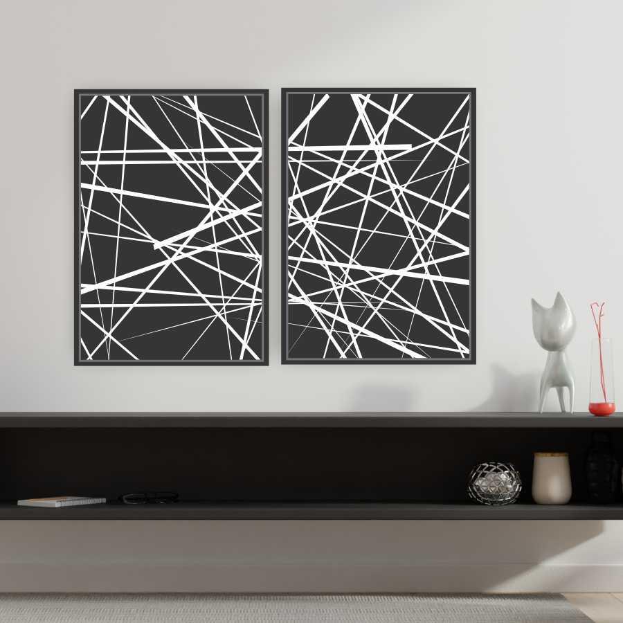 Quadro Tela Composição Multilinhas Moldura Preta 2X 63X42Cm