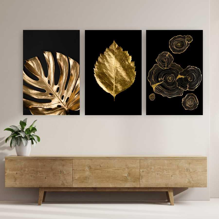 Quadro Tela Composição Preto E Dourado No Chassi 3X 45X30Cm