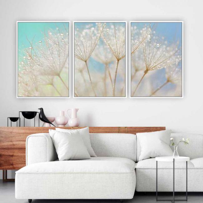Quadro Tela Suave Fundo Azul Moldura Branca 3X 95X63Cm