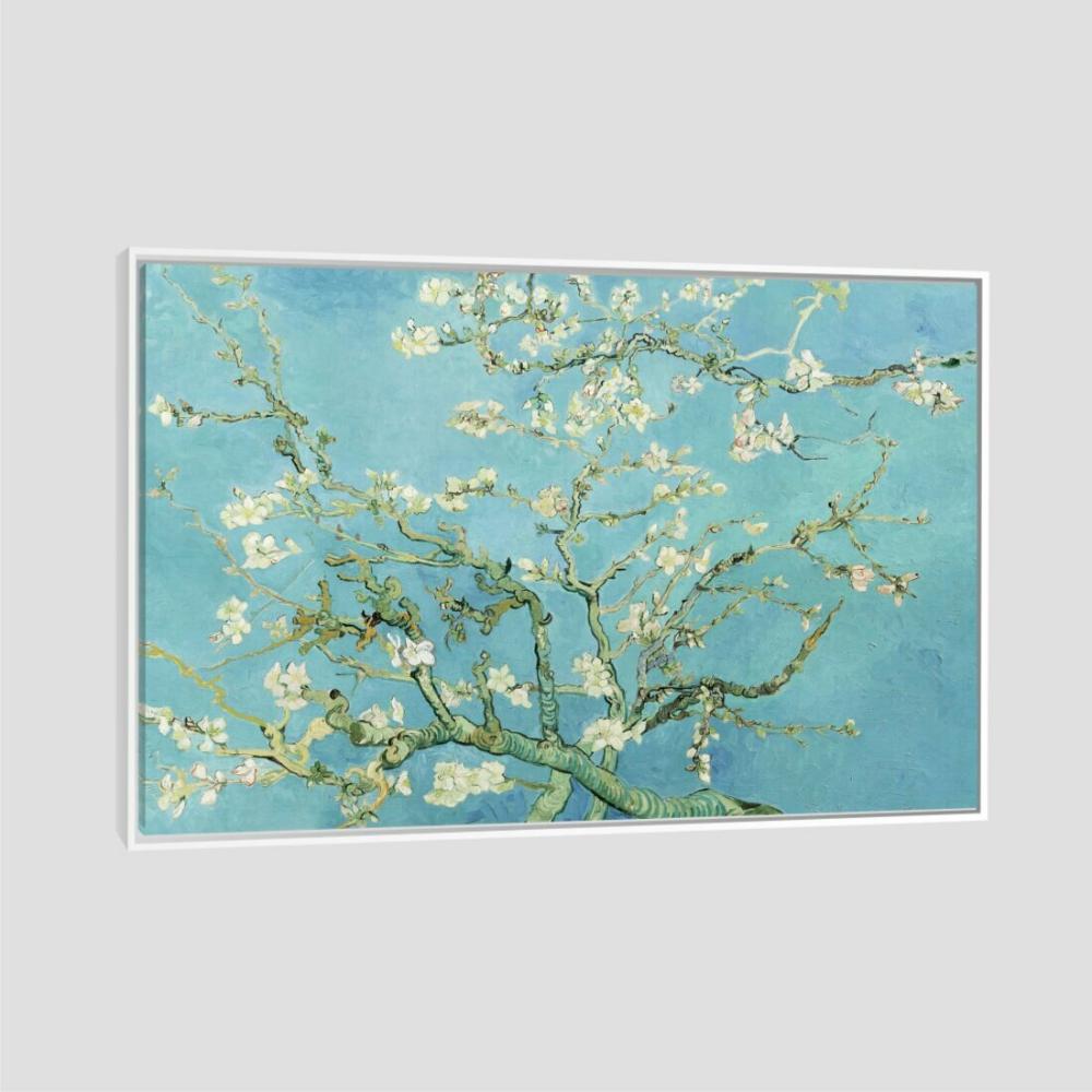Quadro Van Gogh Amendoeira Em Flor Tela Moldura Branca 95X63Cm