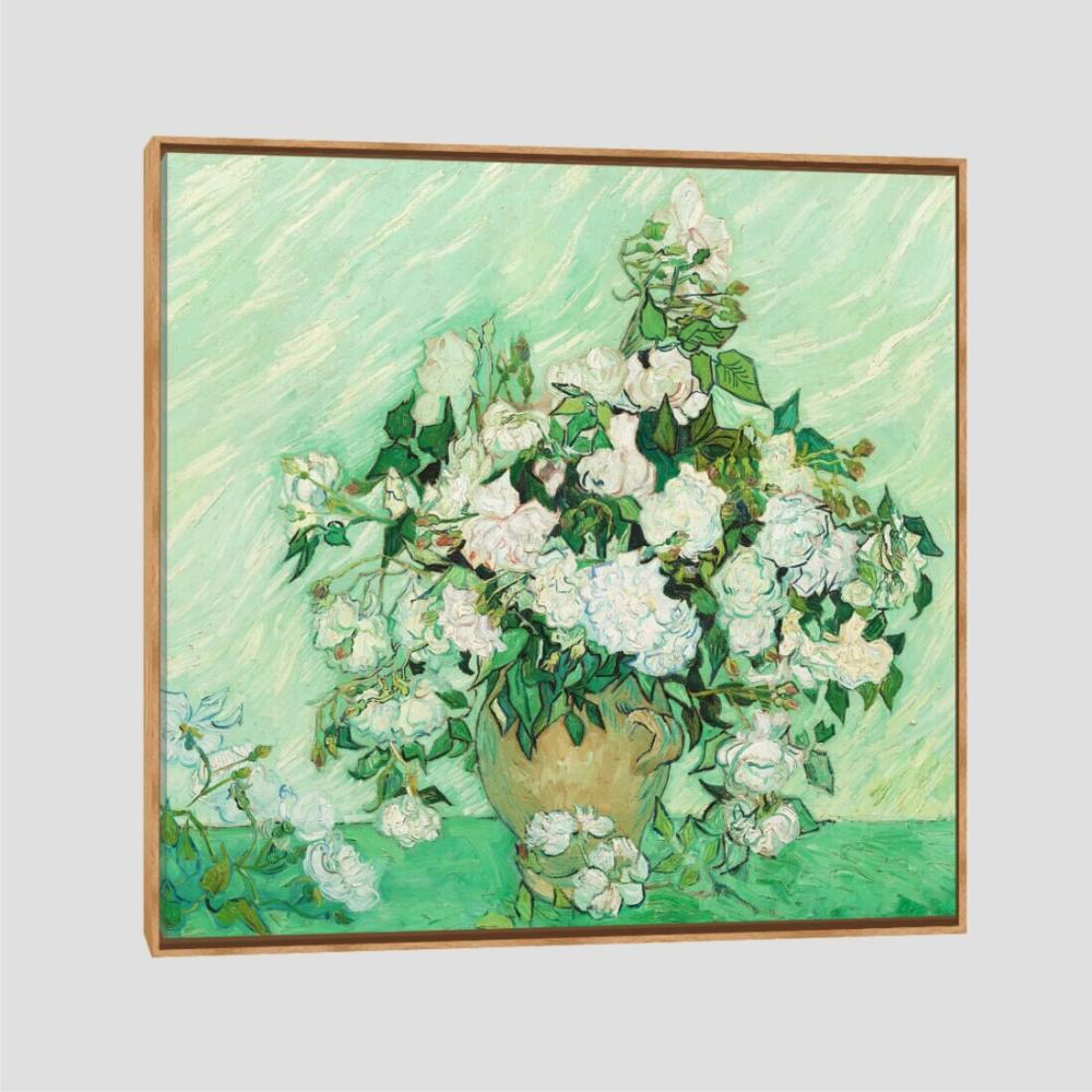 Quadro Van Gogh Rosas Tela Moldura Bege 40X40Cm
