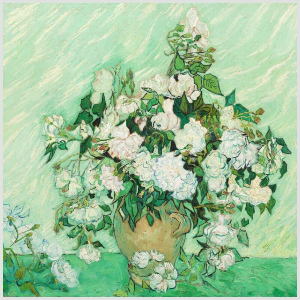 Quadro Van Gogh Rosas Tela Moldura Bege 40X40Cm