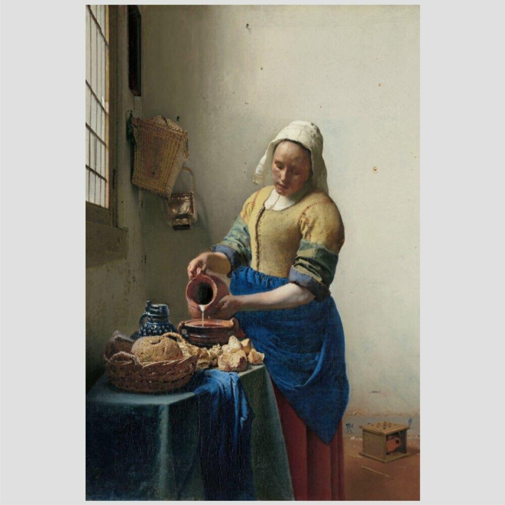 Quadro Vermeer The Milkmaid Tela Moldura Preta 63X42Cm