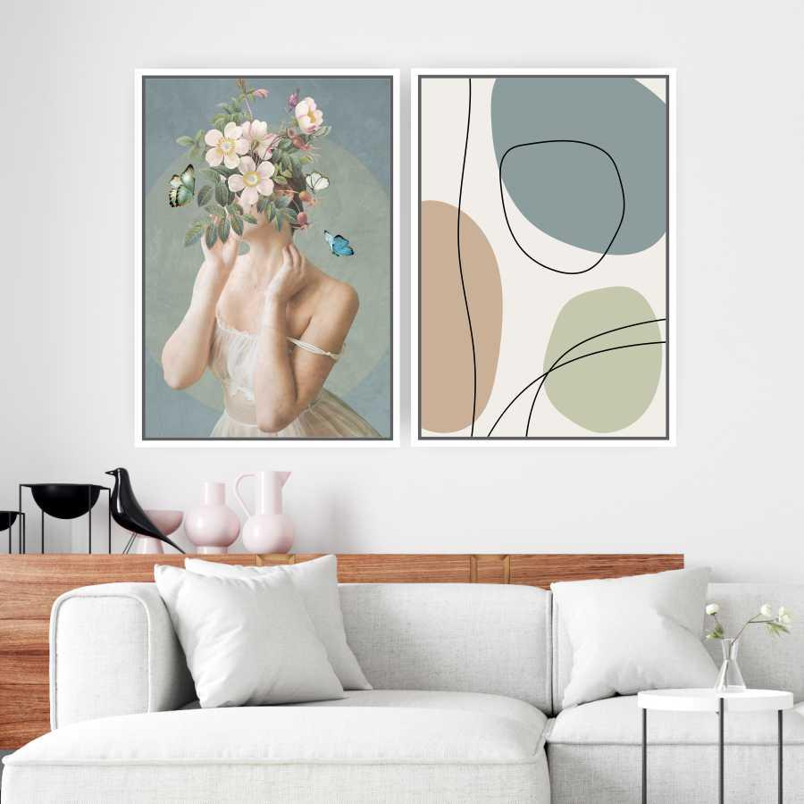 Quadros Tela Composição Mulher E Flor Moldura Branca 2X 63X42Cm