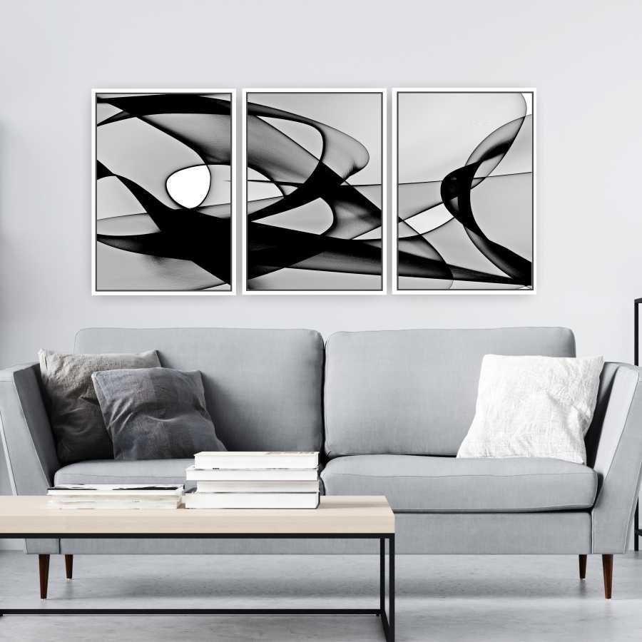 Quadros Tela Composição Ondulado P E B Tela Moldura Branca 63X42Cm