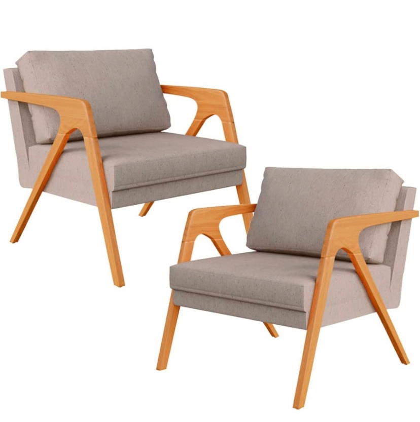 Poltrona  Decorativa Para Sala De Estar Pietra 02 Com Estrutura De Madeira Linho Bege