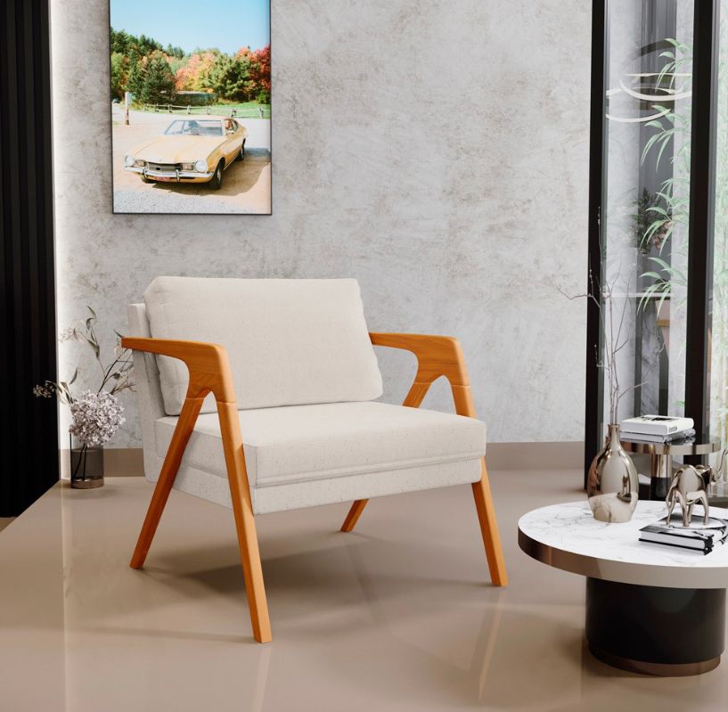 Poltrona  Decorativa Para Sala De Estar Pietra 02 Com Estrutura De Madeira Linho Cru