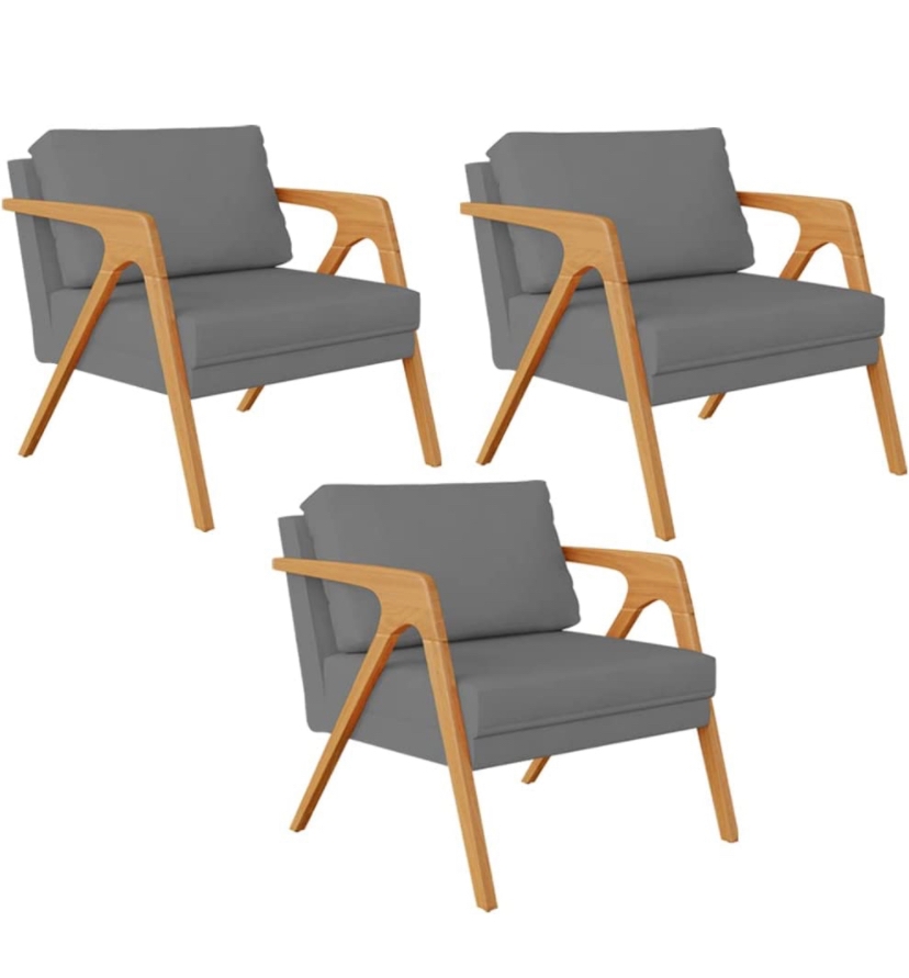 Poltrona  Decorativa Para Sala De Estar Pietra 03 Com Estrutura De Madeira Linho Cinza