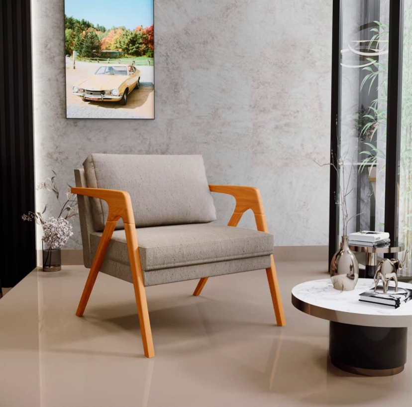 Poltrona  Decorativa Para Sala De Estar Pietra Com Estrutura De Madeira Linho Bege