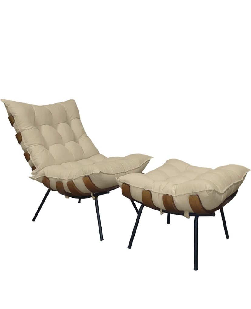 Poltrona Costela com Puff- Linho Areia