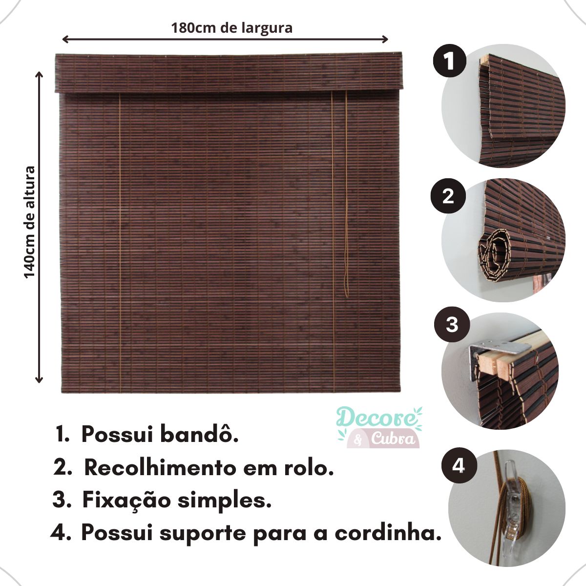 Persiana Bambu Rolo 180larg x 140alt com bandô - Zebrano