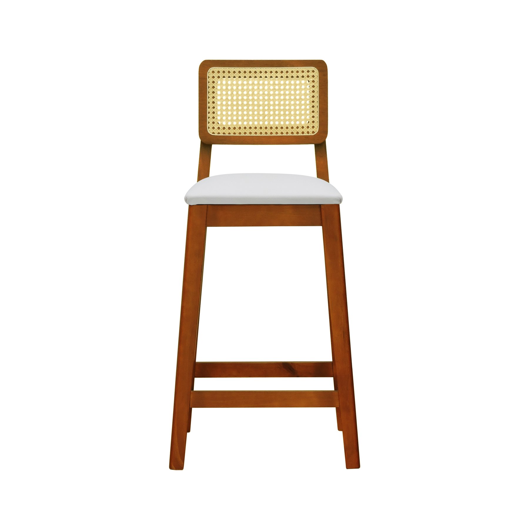 Banqueta Gabi Madeira Maciça Encosto Telinha c/ 68cm Altura - Amêndoa Assento Estofado Corano Bege